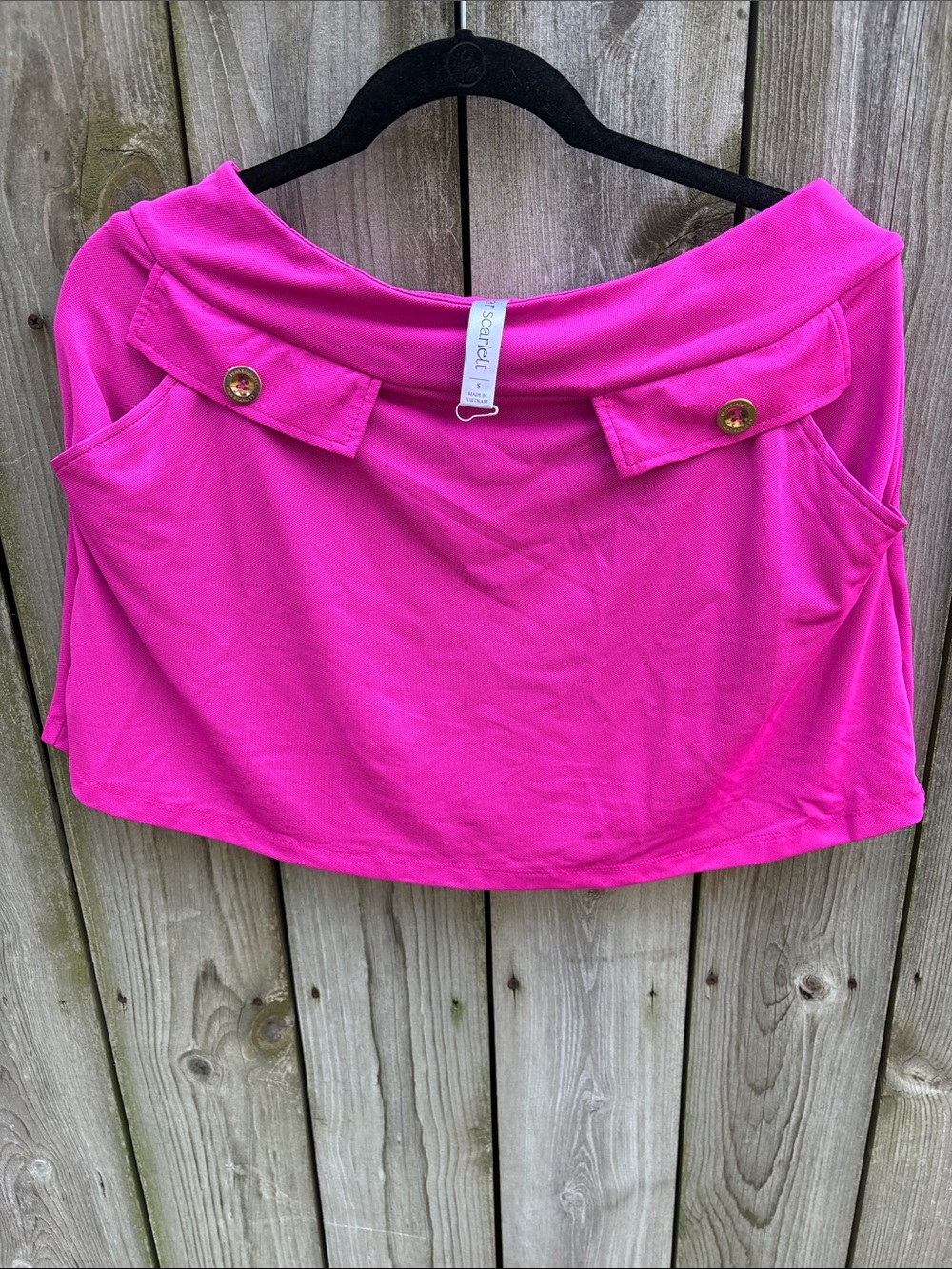Scarlett Bright Pink Off-Shoulder Short Crop Top with Gold Buttons